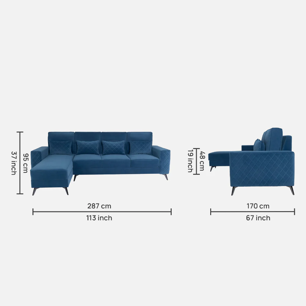 Eden Sapphire Blue Fabric 3 Seater Sofa With Lounger - Image 4