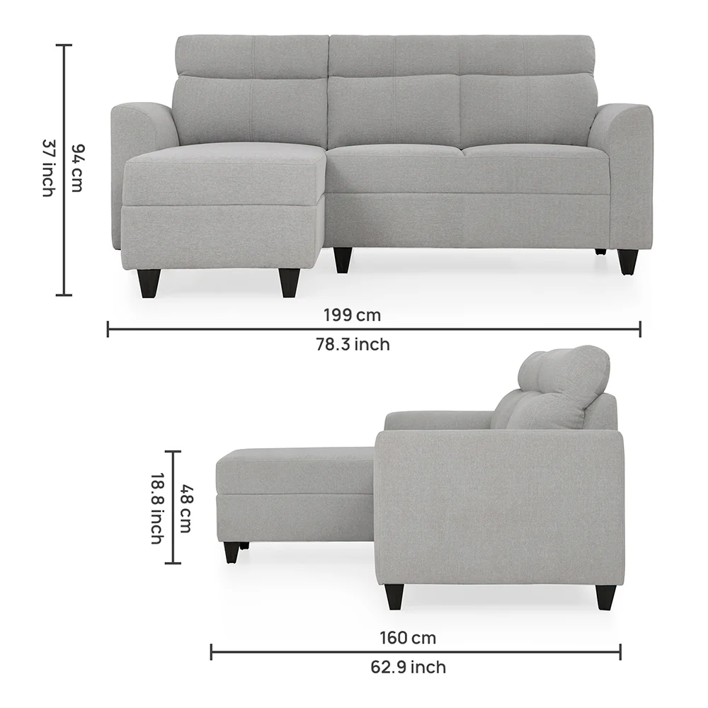 Zivo Plus Cloudy Gray Fabric 2 Seater Sofa with Lounger - Image 12